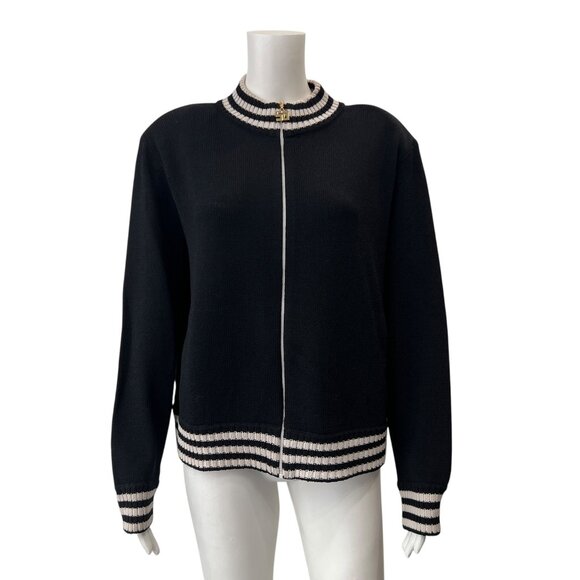 St. John Sport Black White Stripe Knit Edge Full Zip Sweater size XL - Picture 1 of 8